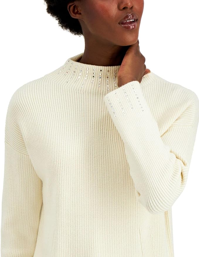Alfani Women's Embellished High-Neck Sweater  Color Pure Ivory Size M