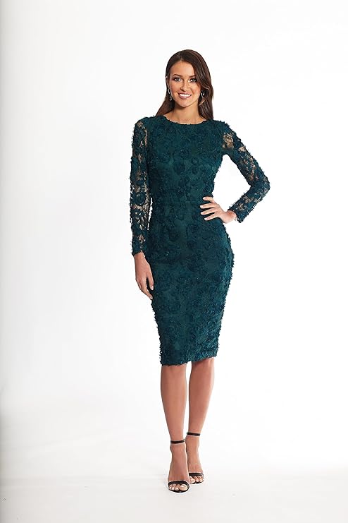 XScape Long Sleeve Raised Floral Lace Midi Length Dress  Hunter Green Size 12