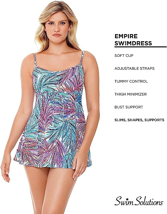 Swim Solutions Women's Empire Tummy Control Swim Dress  Multicolor Size 10