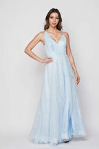 Teeze Me Formal Flowy Ruffle Lace Slit Gown  Color Light Blue Size 3