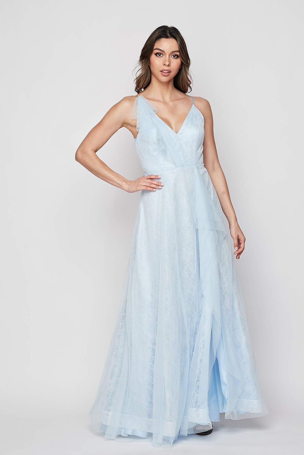 Teeze Me Formal Flowy Ruffle Lace Slit Gown  Color Light Blue Size 3
