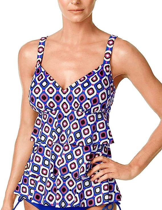 Swim Solutions Women's Printed Tiered Tummy Control One-Piece Swimsuit  Color Jewels Size 10