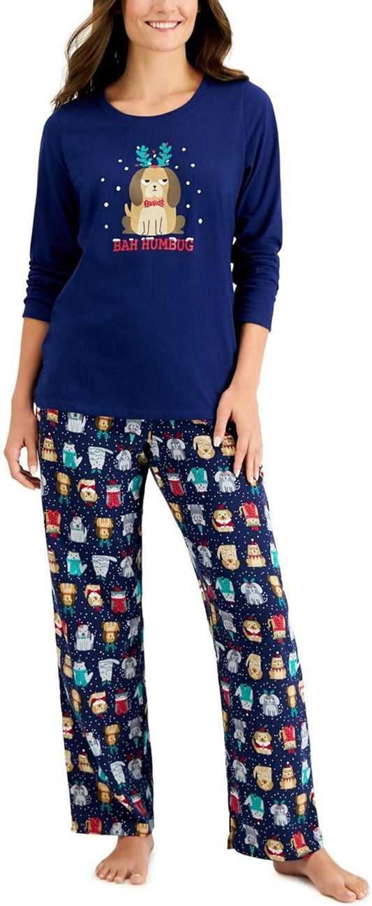 Family Pajamas Women's Bah Humbug Matching PJ Set  Color Blue Size 2XL