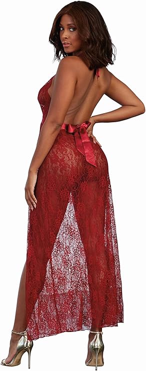 Dreamgirl Women's Lace Halter Gown & G-String Set  Garnet Size S