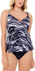 Swim Solutions Women's Triple Tiered Tummy-Control One-Piece Swimsuit  Color Coastal Plates Black Size 8
