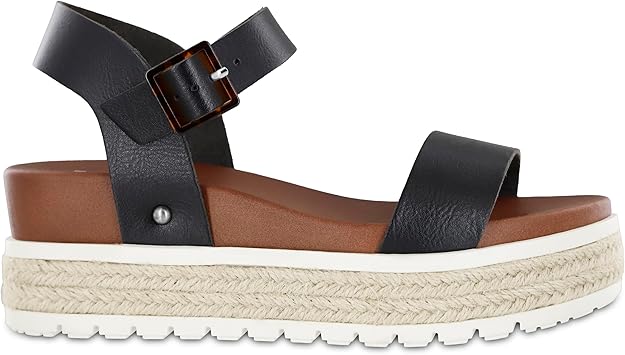 MIA Shoes Kiera Platform Espadrille Raffia Sole Sandals  Black Bona Size 6