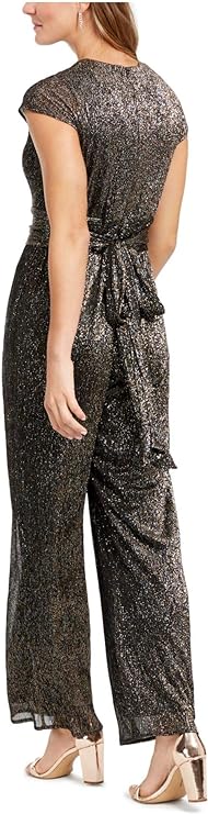 SLNY Women's Cap Sleeve V Neck Evening Wide Leg Jumpsuit  Color Black Glitter Size 12
