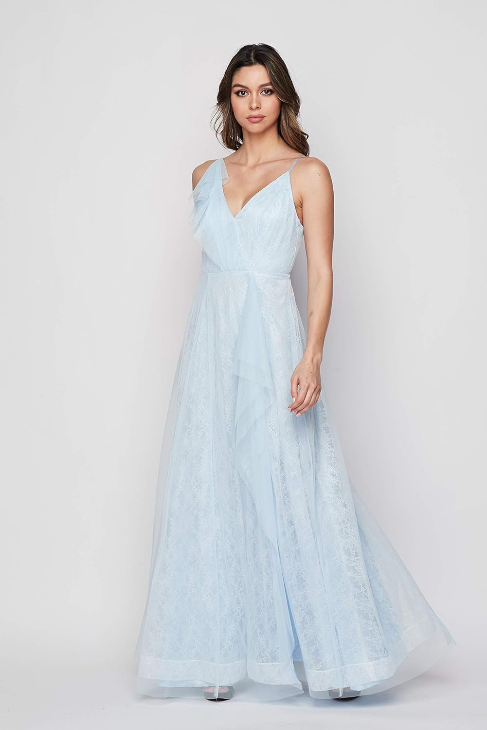 Teeze Me Formal Flowy Ruffle Lace Slit Gown  Color Light Blue Size 3