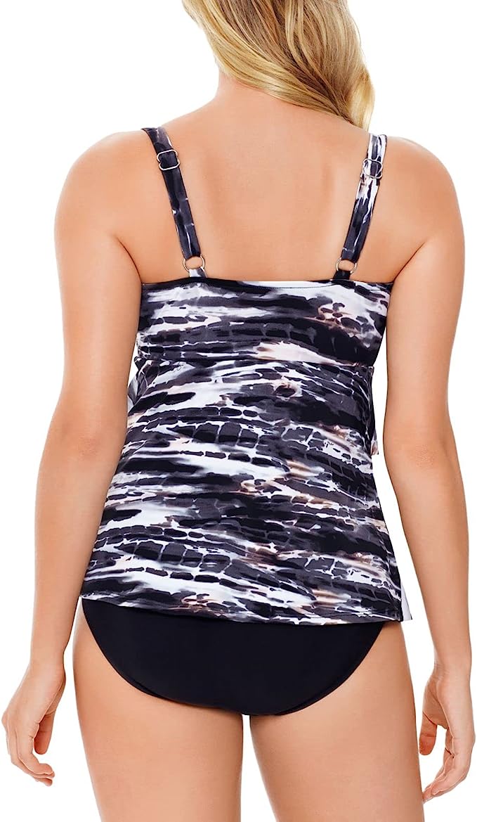 Swim Solutions Women's Triple Tiered Tummy-Control One-Piece Swimsuit  Color Coastal Plates Black Size 8