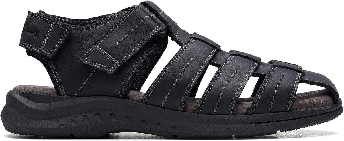 Clarks Men's Walkford Fish Tumbled Leather Sandals   Black Tumbled Size 10