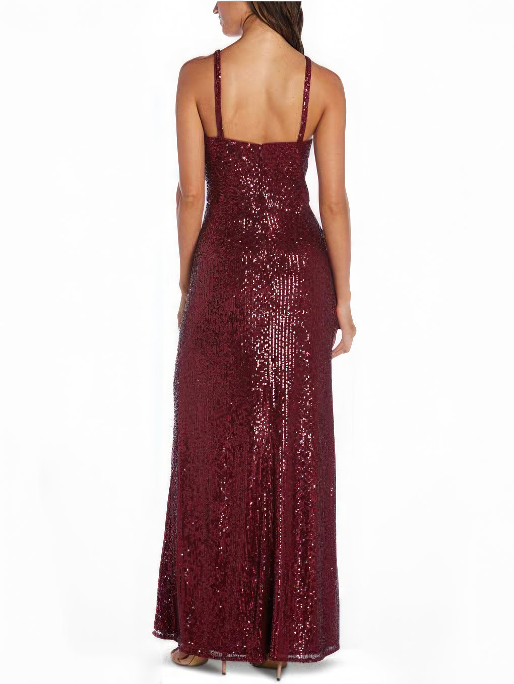 Nightway Sequin Crossover Spaghetti Strap Gown  Color Merlot Red Size 14