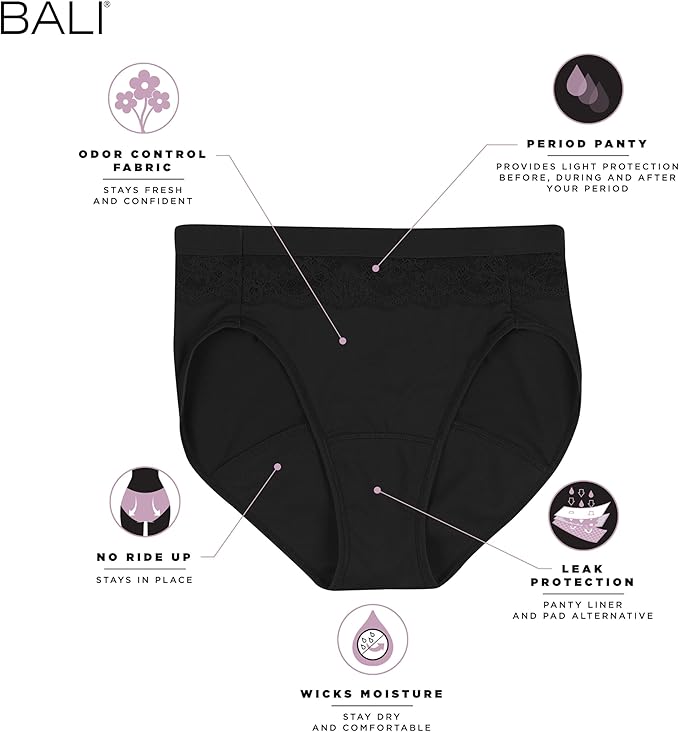 Bali Beautifully Confident Hi-Cut Period Underwear  Black Size 7