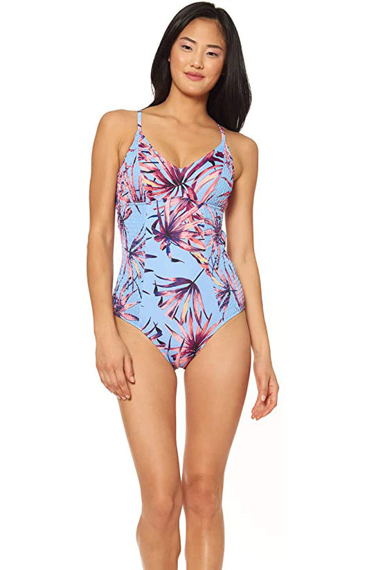Jessica Simpson Palmy Days Camisole One-Piece Swimsuit  Color Lilac Palm Print Size M