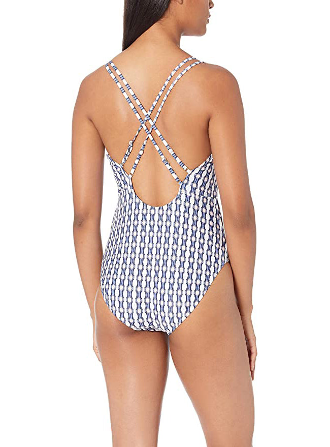 Jessica Simpson V-Neck One-Piece Swimsuit Bathing Suit  Color Plunge Dark Multi Size L
