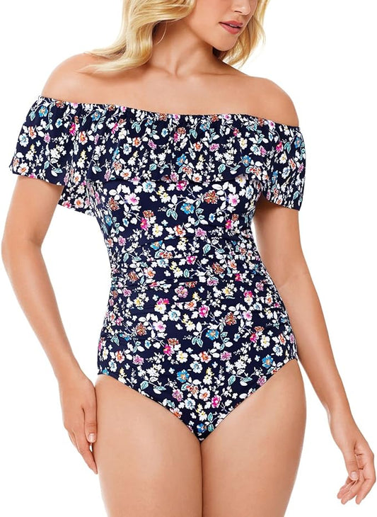 Swim Solutions Vintage Ditsy Printed Off-The-Shoulder One-Piece Swimsuit  Color Navy Size 14