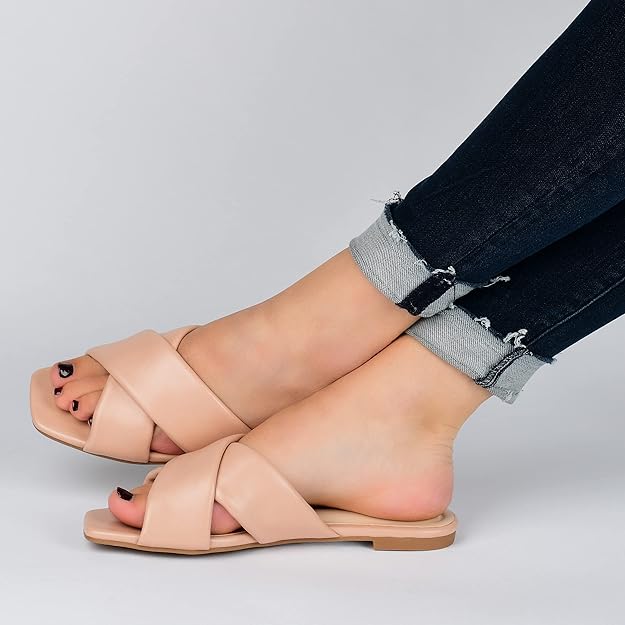 Journee Collection Women's Carlotta Faux Leather Flat Sandal  Blush Size 9.5