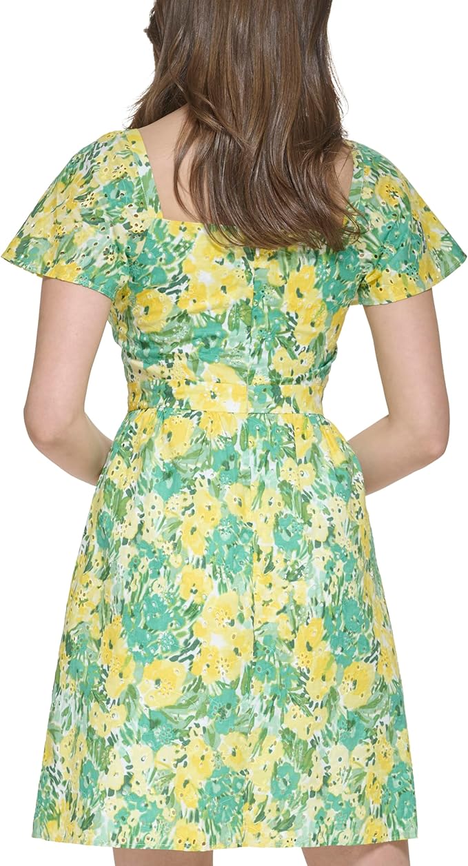 kensie Printed Eyelet Fit Flare Mini Dress  Citron Multi Size 4