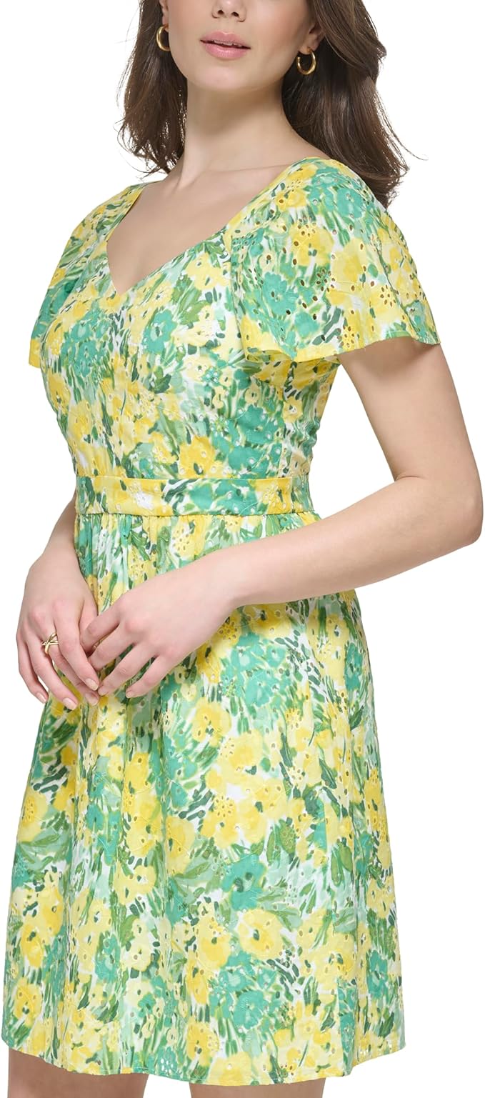 kensie Printed Eyelet Fit Flare Mini Dress  Citron Multi Size 4