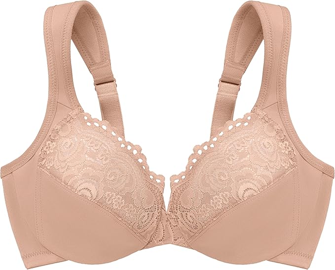 Glamorise Plus Size Low Cut Wonderwire Lace Underwire Bra  Cafe Size 44DD