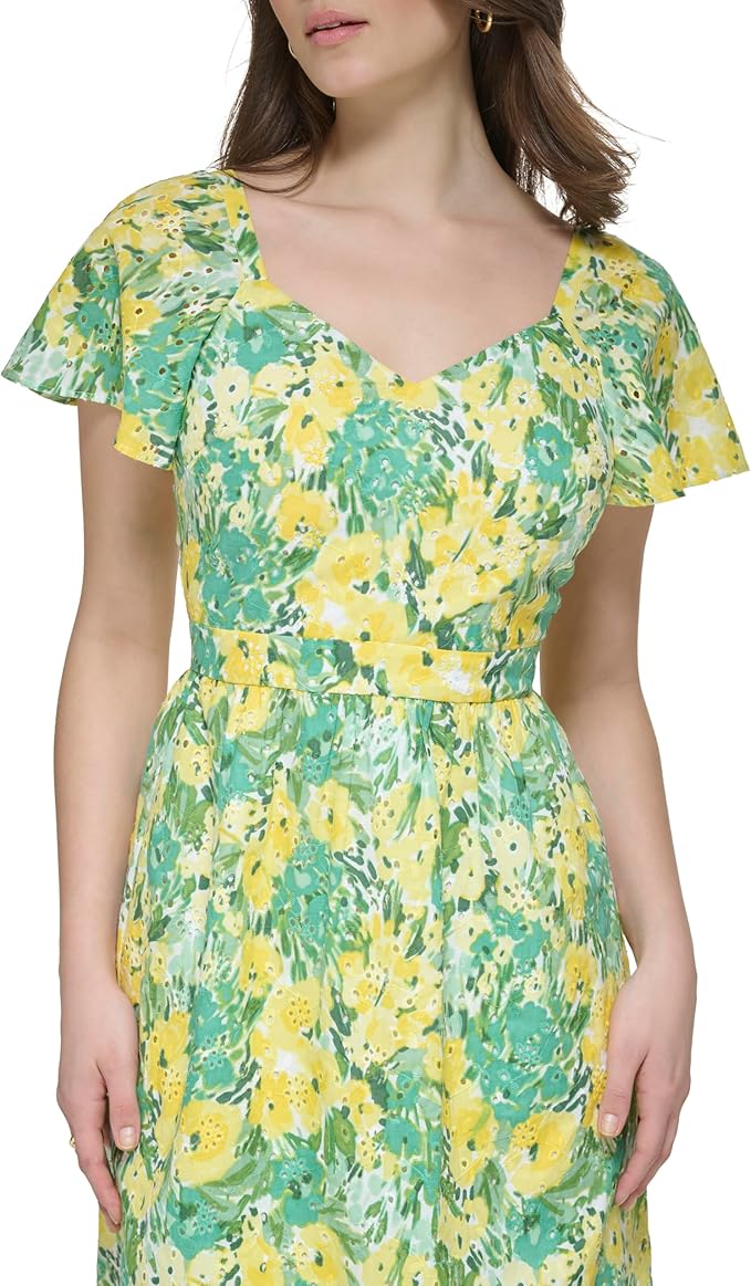 kensie Printed Eyelet Fit Flare Mini Dress  Citron Multi Size 4