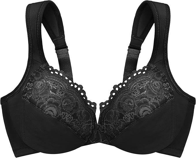 Glamorise Low Cut Wonderwire Underwire Lace Bra   Black Size 34C