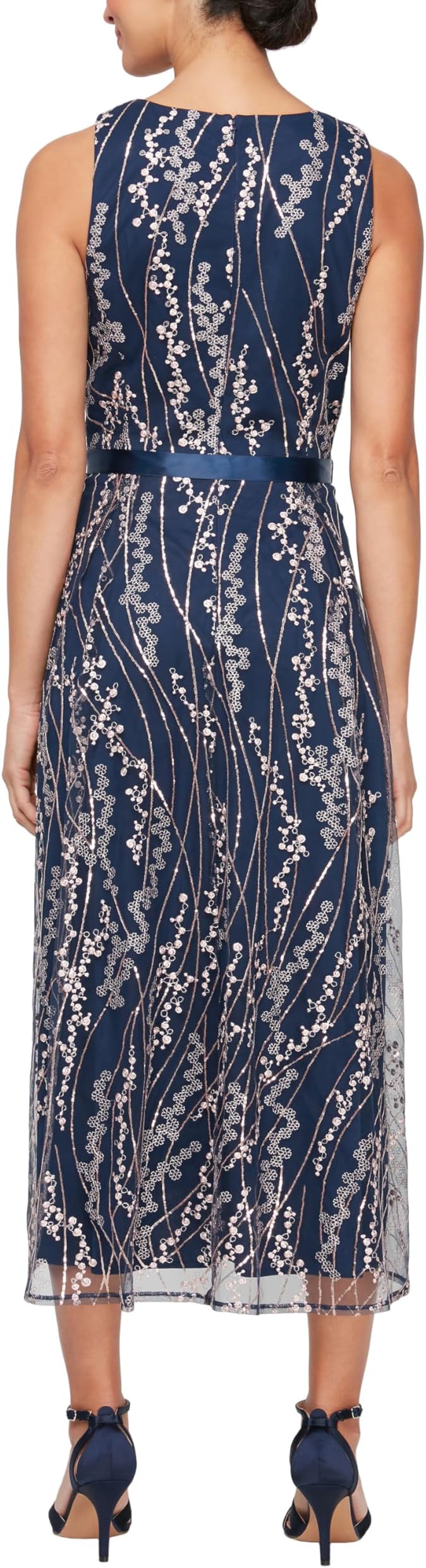 Alex Evenings Women's Metallic Floral Embroidered Midi Dress  Navy/Pink Size 4