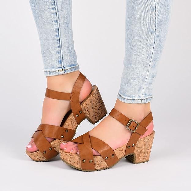Journee Collection Valentina Crisscross Studded Block Cork Heel Sandal  Red Size 7.5