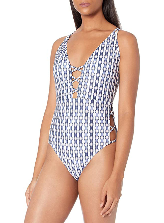 Jessica Simpson V-Neck One-Piece Swimsuit Bathing Suit  Color Plunge Dark Multi Size L