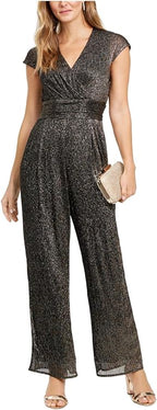 SLNY Women's Cap Sleeve V Neck Evening Wide Leg Jumpsuit  Color Black Glitter Size 12