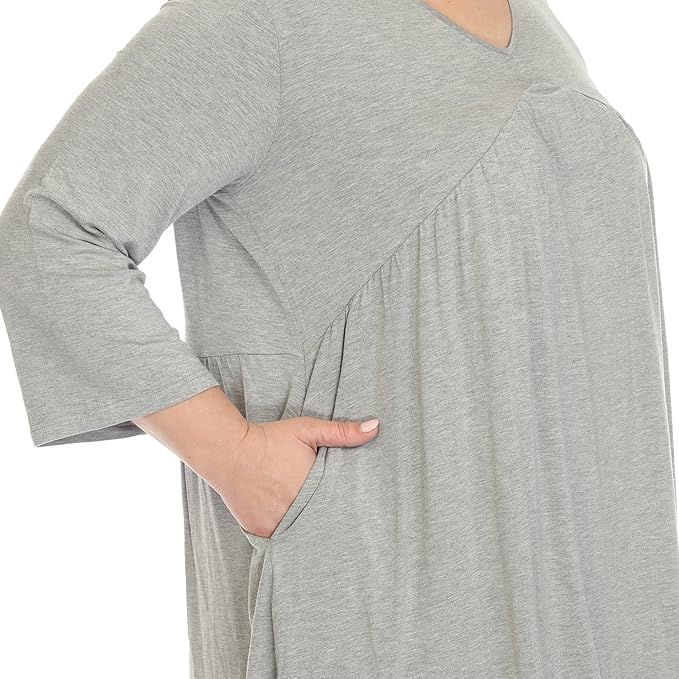 White Mark Women's Empire Waist V-Neck 3/4 Sleeve Tunic Top  Heather Gray Size XL