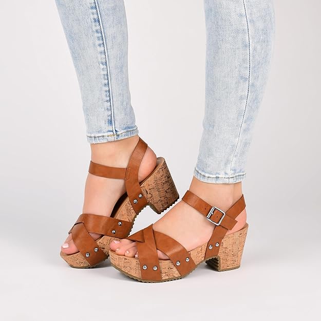 Journee Collection Valentina Crisscross Studded Block Cork Heel Sandal  Red Size 7.5