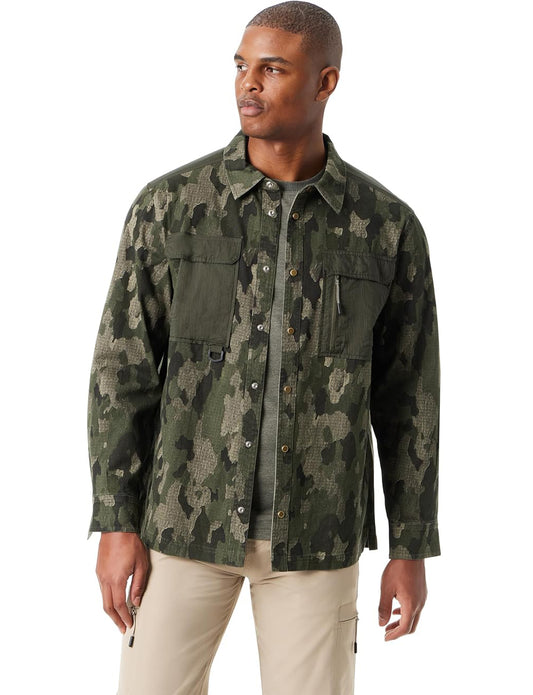 BASS OUTDOOR Men's Relaxed Fit Camo Worker Snap Front Shirt Jacket  Beluga Size S