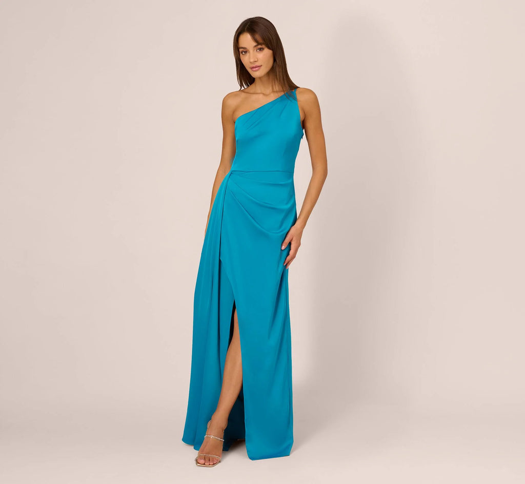 Adrianna by Adrianna Papell Satin One Shoulder Sleeveless Pleated Gown  Dazzling Ocean Size 12