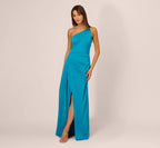 Adrianna by Adrianna Papell Satin One Shoulder Sleeveless Pleated Gown  Dazzling Ocean Size 12