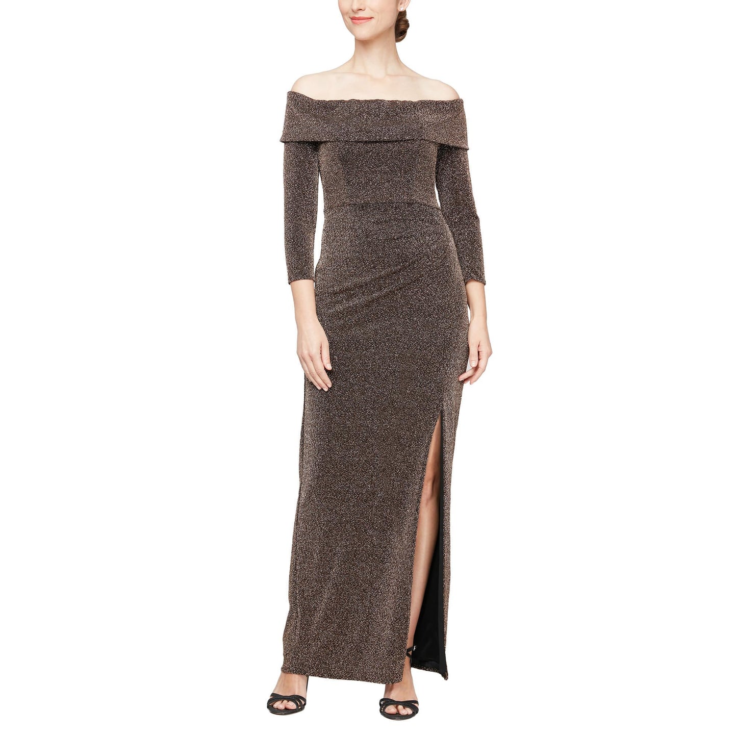 Alex Evenings Off-The-Shoulder Long Sleeve Leg Slit Dress  Color Black/Copper Size 10
