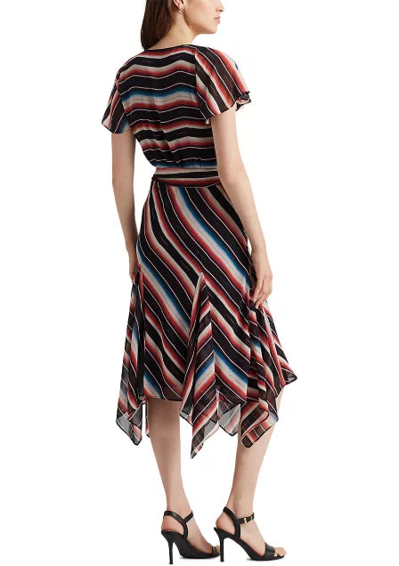 Lauren Ralph Lauren Women's Blanket-Stripe Georgette Dress Color Polo Black Multi Size 0
