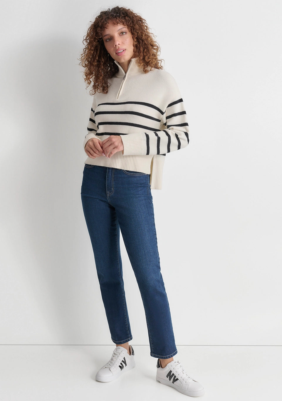DKNY Jeans Women's Long Sleeve 1/4 Zip Striped Sweater  Eggnod/Black Size XL