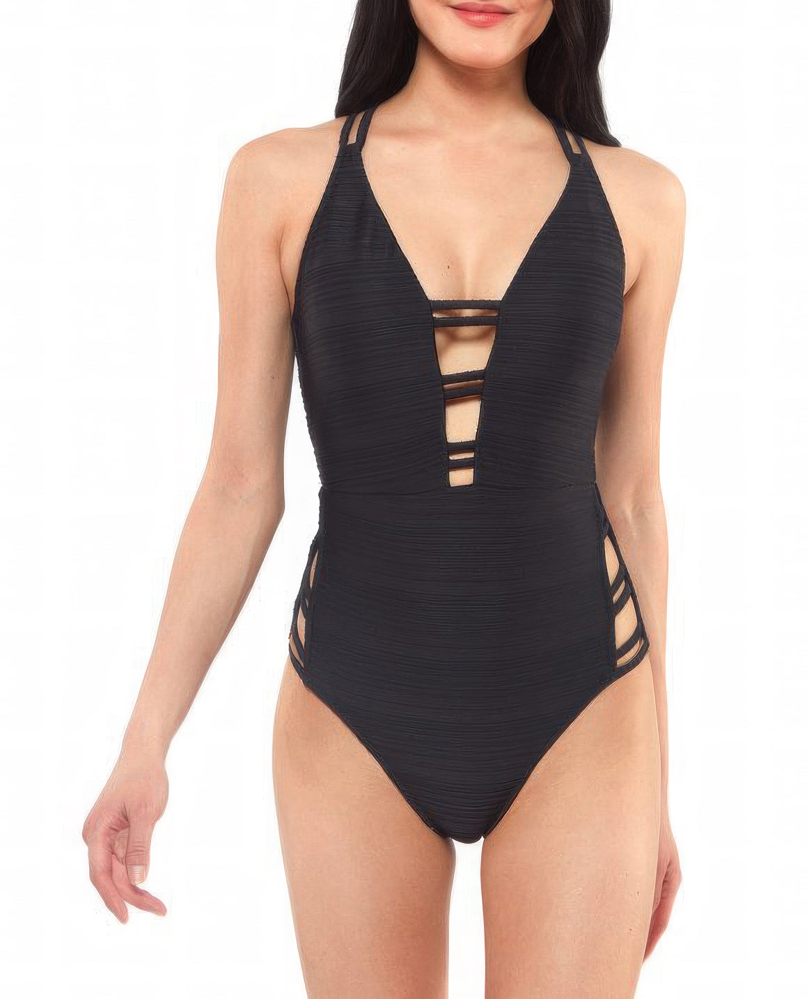 Jessica Simpson Contemporary Double Strap Plunge One-Piece Swimsuit  Color Black Size L