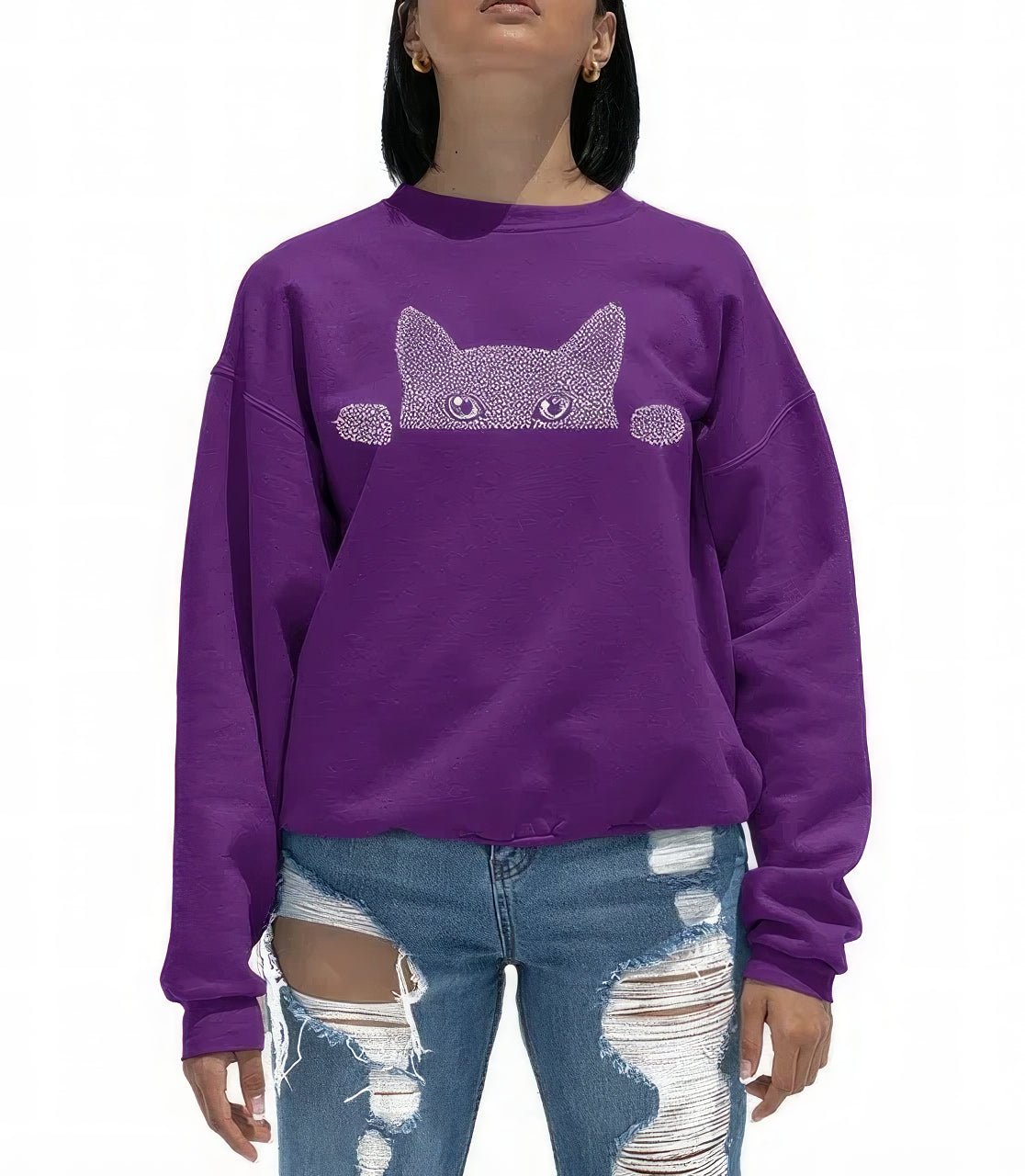LA Pop Art Women's Word Art Peeking Cat Sweatshirt  Color Purple Size M