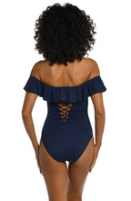 La Blanca Island Goddess Off Shoulder Ruffle One Piece Swimsuit  Indigo Size 10