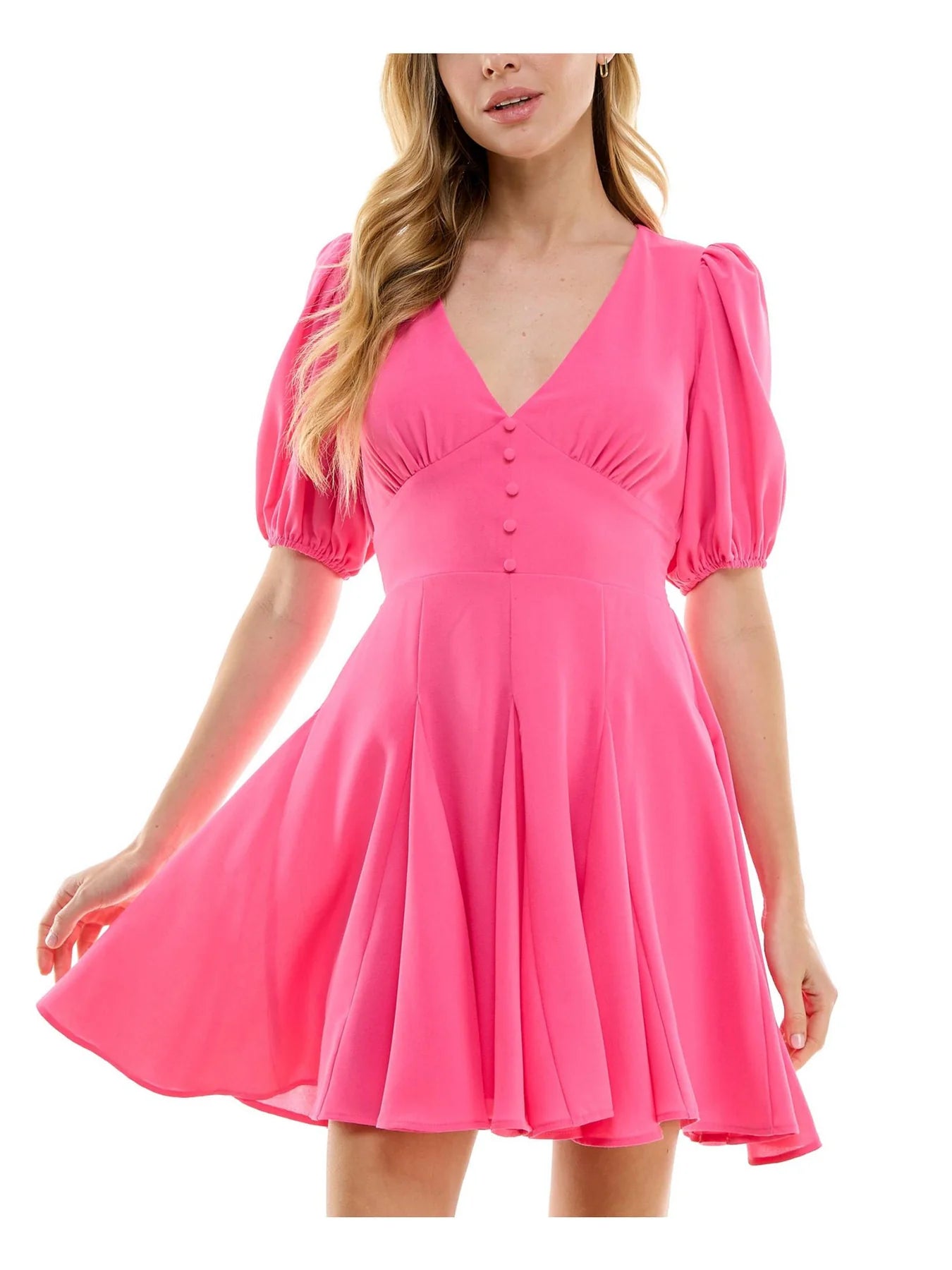 City Studios Juniors Deep-V-Neck Faux Buttons Fit & Flare Dress  Fuchsia Size S