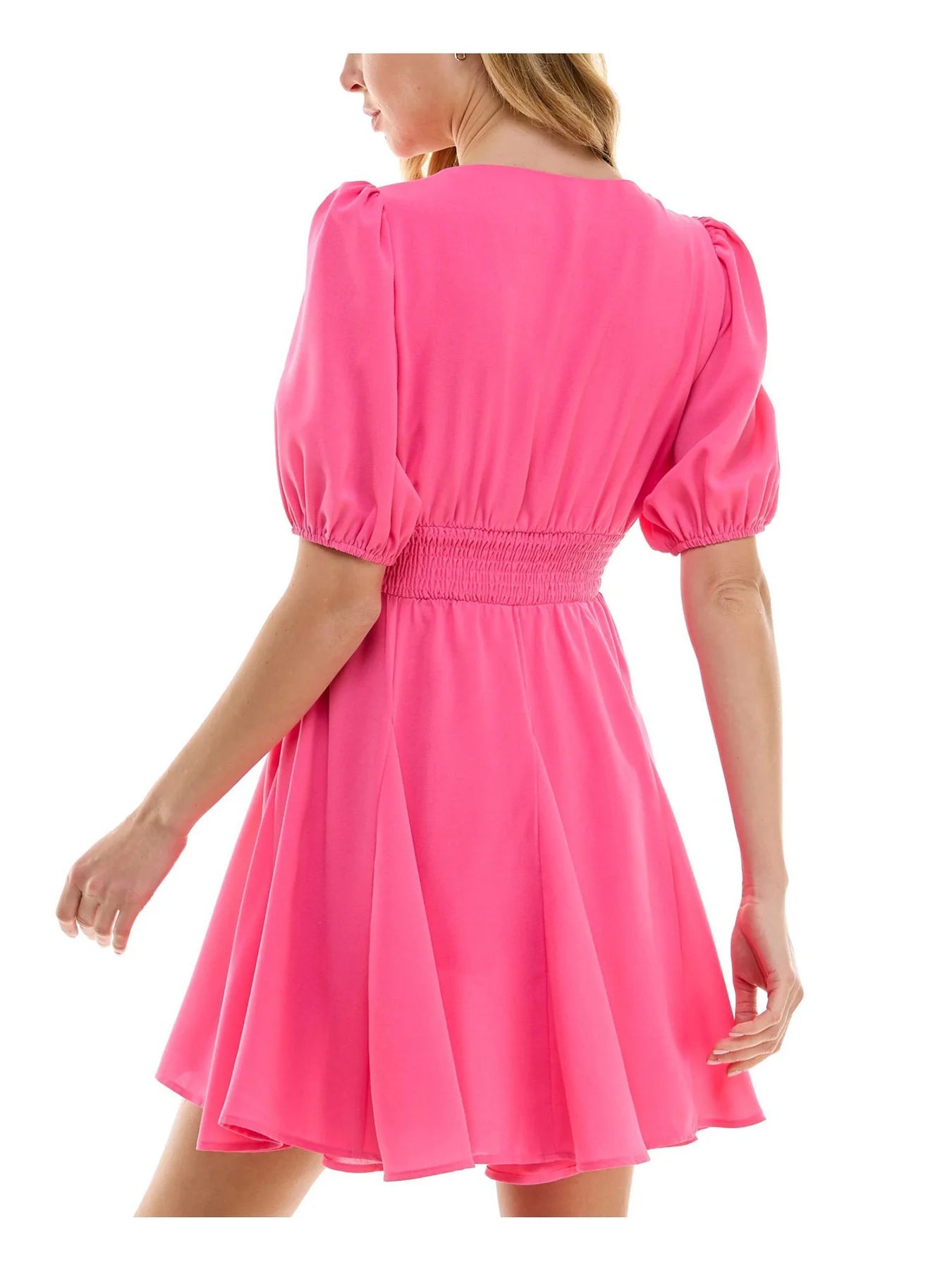 City Studios Juniors Deep-V-Neck Faux Buttons Fit & Flare Dress  Fuchsia Size S