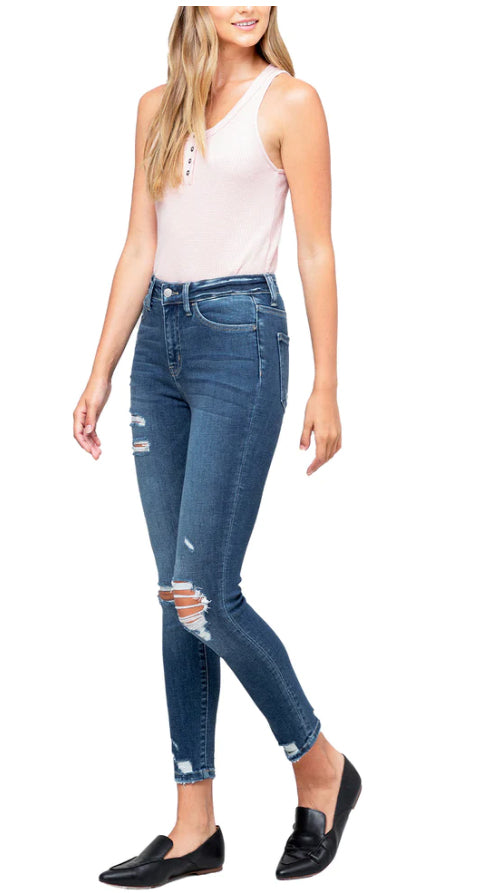 FLYING MONKEY Women's High Rise Distressed Crop Skinny Jeans  Color Medium Blue Size 28
