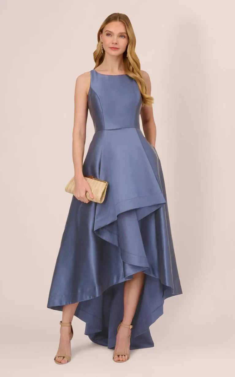 Adrianna Papell High-Low Mikado Gown  Blue Frost Size 4