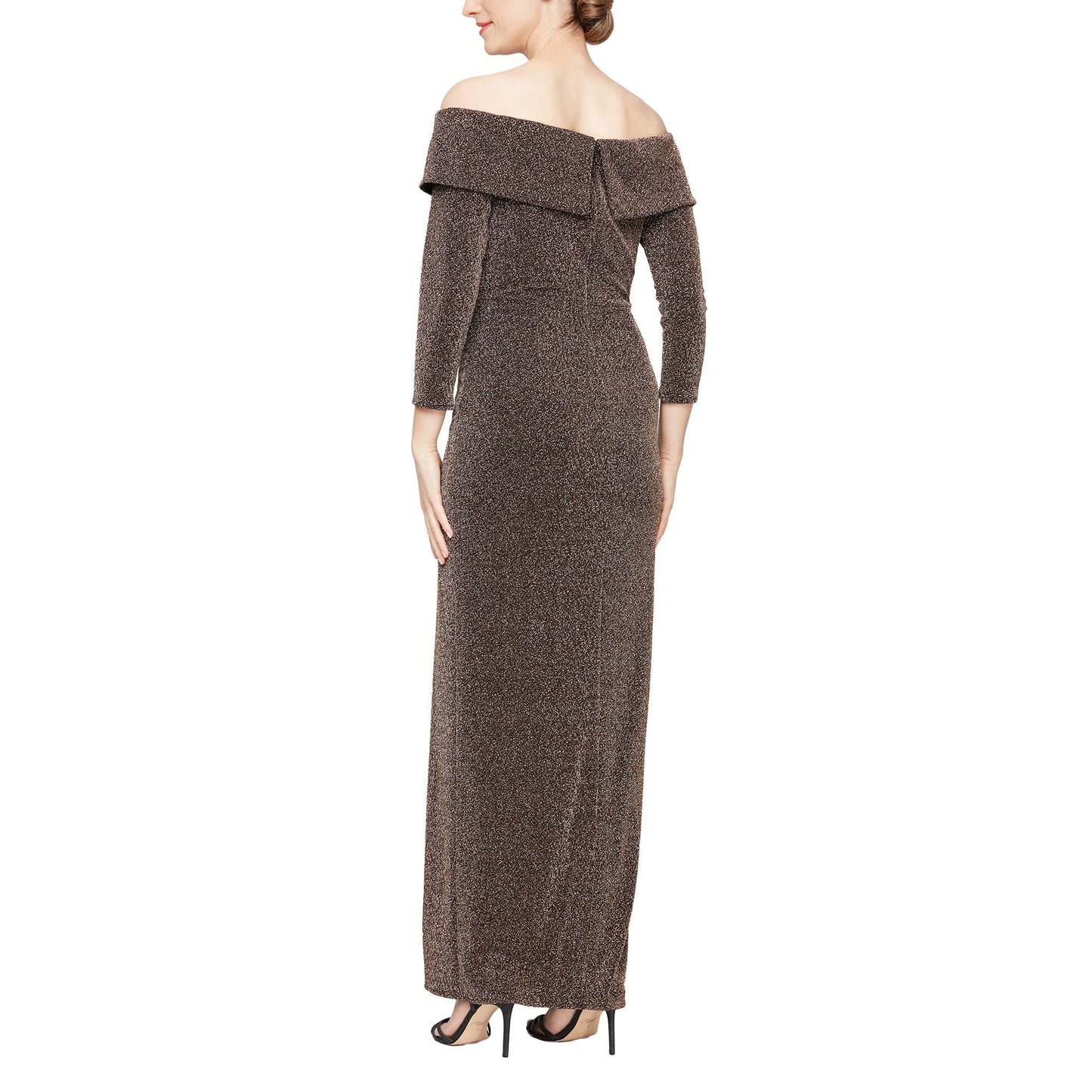 Alex Evenings Off-The-Shoulder Long Sleeve Leg Slit Dress  Color Black/Copper Size 10