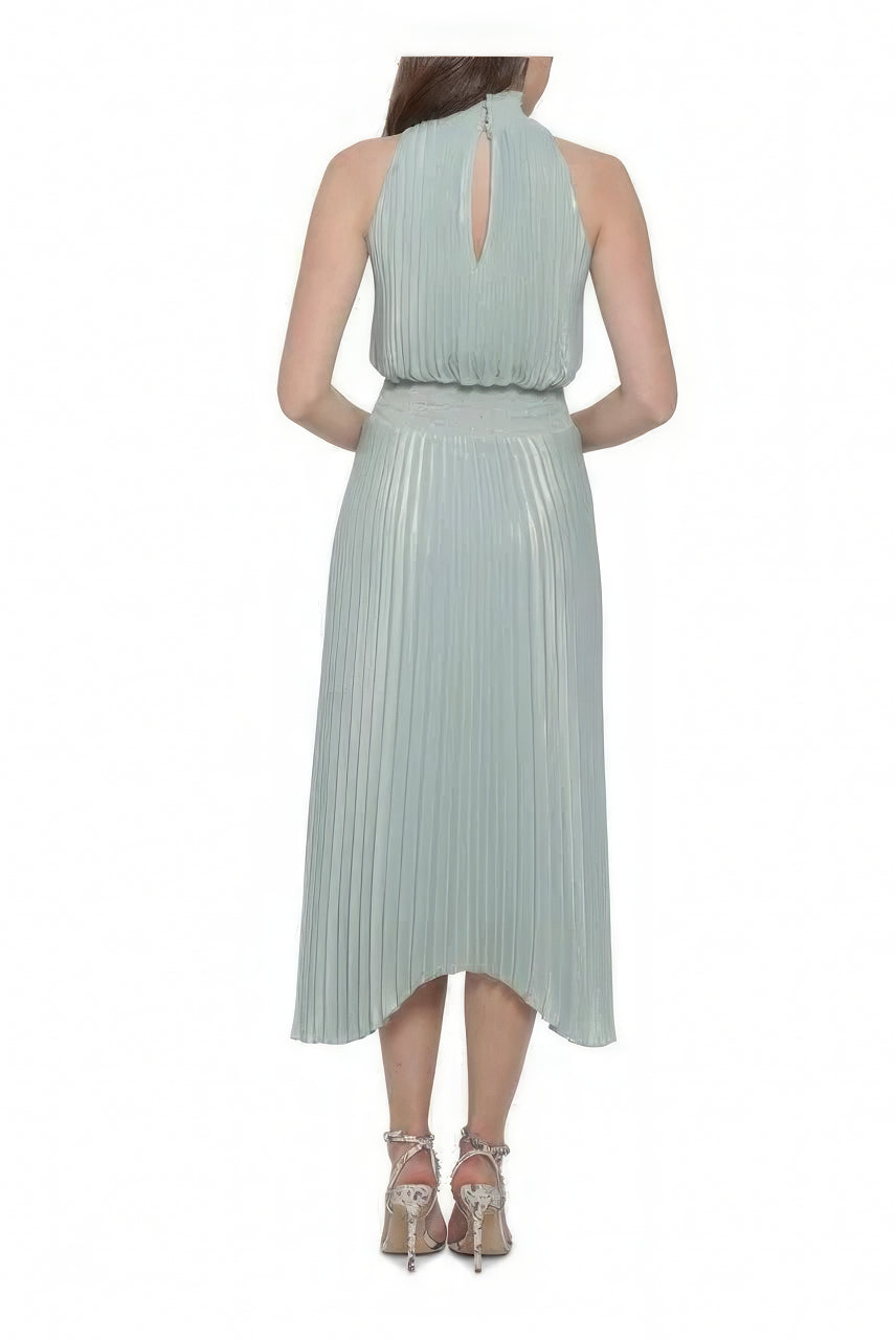 XSCAPE Pleated Sleeveless Turtle Neck Midi Evening Sheath Dress  Color Mint Metallic Size 12