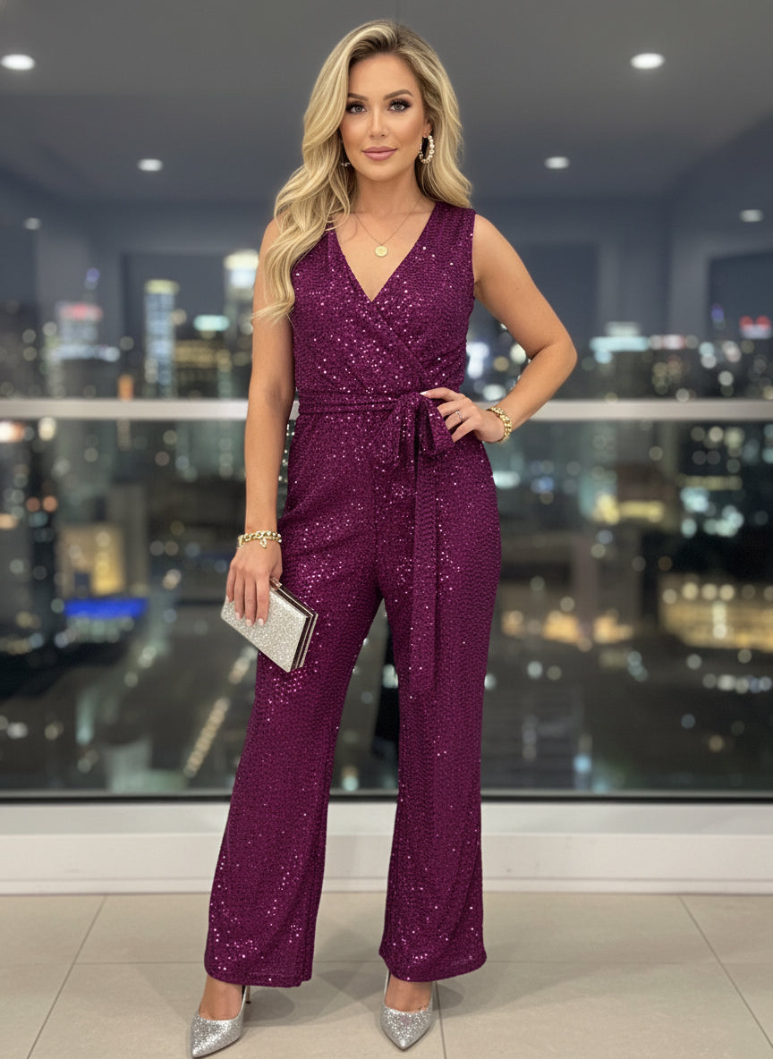 JM Studio By John Meyer Women's Sparkly Sequins Jumpsuits Magenta Size 10  (No Tag)