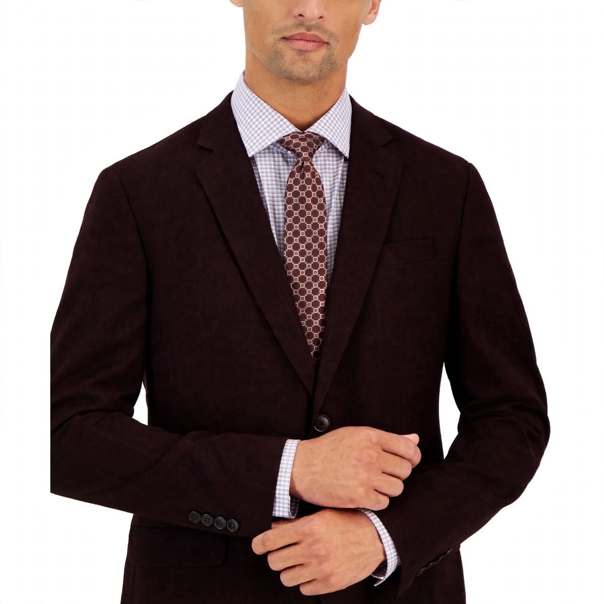 Armani Exchange Men's Slim-Fit Wool Plaid Blazer Suit Jacket  Dark Burgundy Size 38L