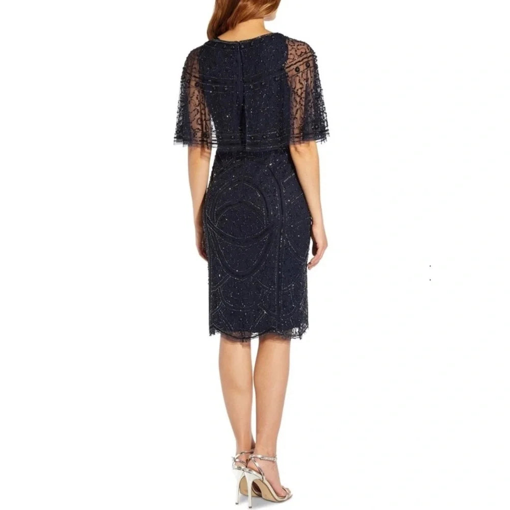 Adrianna Papell Women's Embellished Capelet Dress  Light Navy Size 14