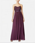 Adrianna Papell Sleeveless Bead Bodice Chiffon Gown  Color Currant Size 14